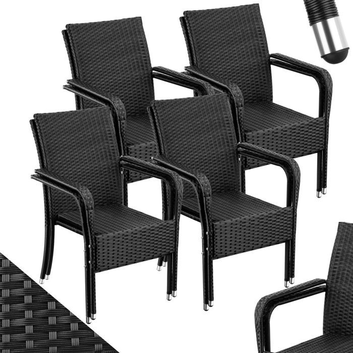 Chaises de jardin - TECTAKE - Lot de 8 fauteuils de repas dextérieur en résine tressée résistants aux UVs 58 x 67 x 90 cm - Noir