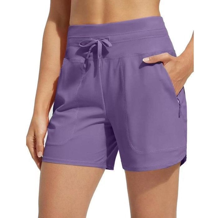 Short de Sport Femme 2 en 1 Taille Haute Short de Course Avec Poche Zippée Pour Fitness Yoga Jogging - Violet