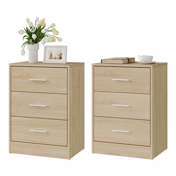 Tables de chevet - WOLTU - Lot de 2 tables de Nuit - 3 tiroirs - 39x28x54 cm - MDF - chêne clair Tables de chevet - WOLTU - Lot de 2 tables de Nuit - 3 tiroirs - 39x28x54 cm - MDF - chêne clair