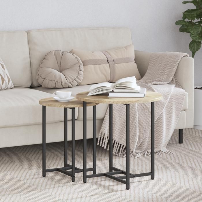 Table dappoint ronde chêne Sonoma 45 cm - pieds métal finition mate