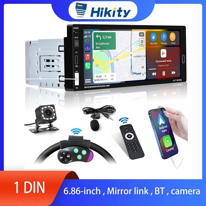 Autoradio 1 Din 6.86avec CarPlay/Android Autoécran tactile HDBluetoothcommande vocaleSWC USB/caméra de recul