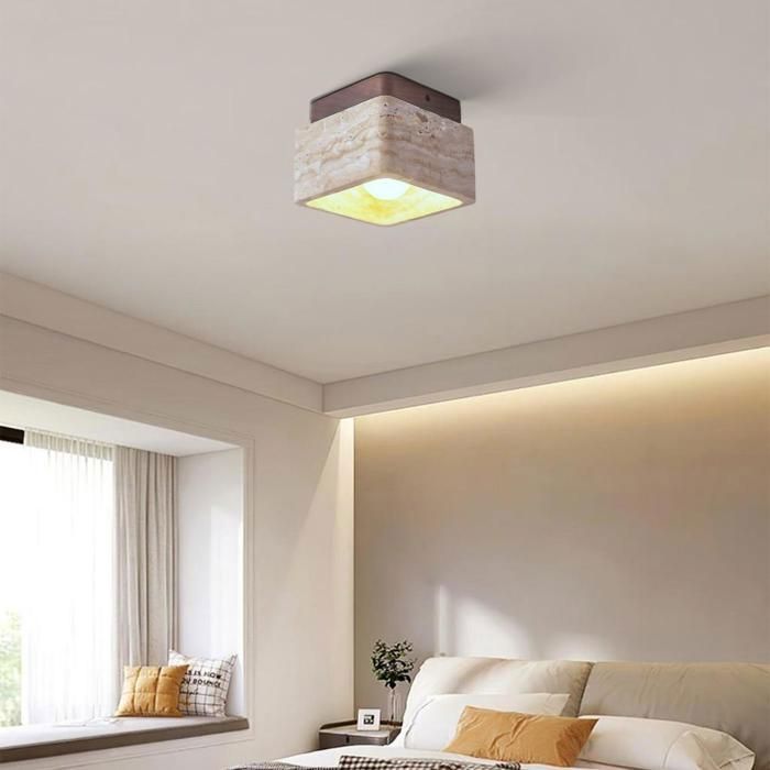 iDEGU Plafonnier Vintage Carré Lustre Abat-jour Travertin Jaune Naturel E27 Lampe de Plafond Noyer Industriel 12*12cm