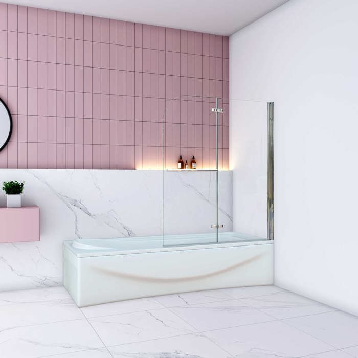 Pare baignoire Chrome au angle arrondis pivotant 180 degrés L120xH140cm 6mm verre anticalcaire avec porte serviette