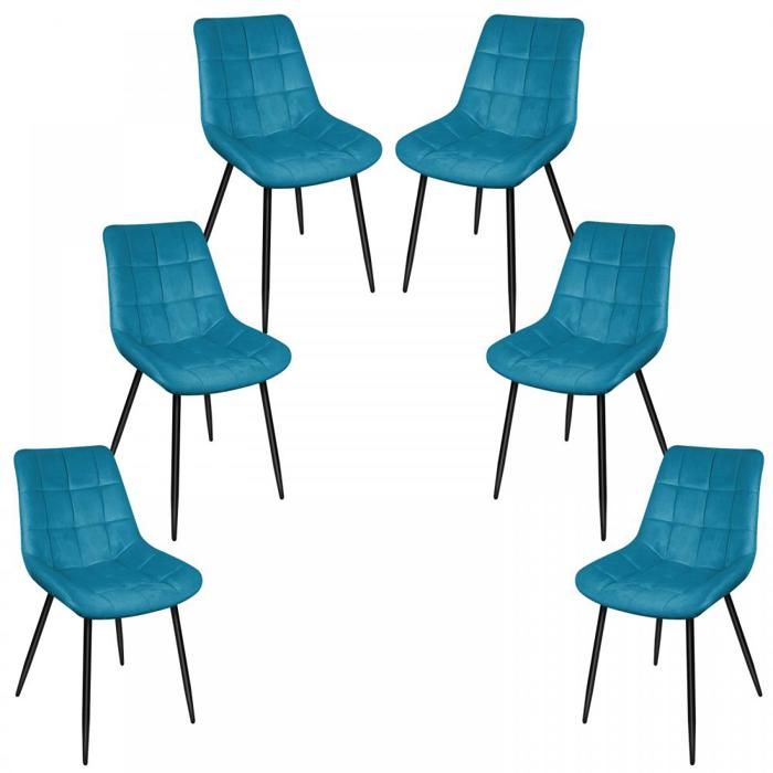 Chaises de Salle à Manger Lot de 6 - Chaise Cuisine avec 12 Grilles Velours Assise et Dossier - Design Scandinave - Bleu