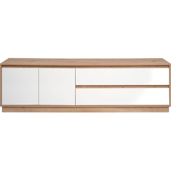 Meuble TV 2 portes 2 tiroirs effet Chêne et blanc brillant 172 cm - Nalen Meuble TV 2 portes 2 tiroirs effet Chêne et blanc brillant 172 cm - Nalen