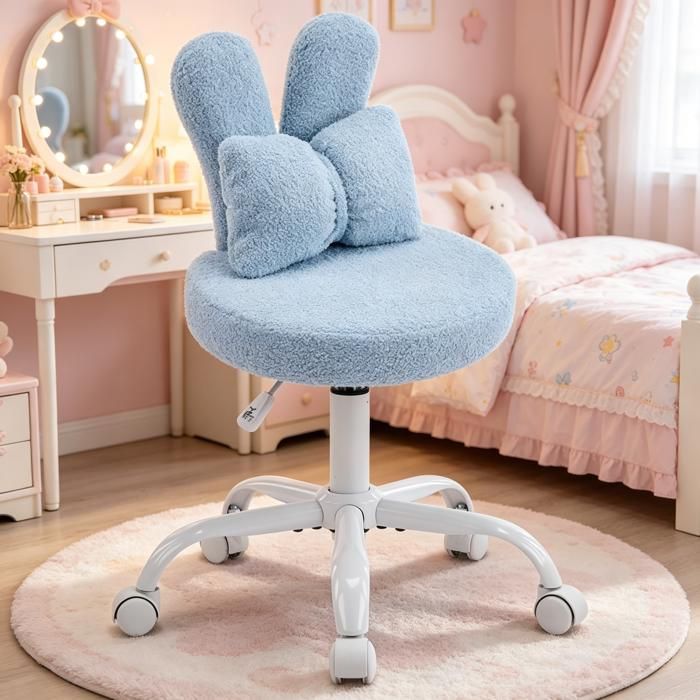 Chaise de bureau - Fauteuil coiffeuse Pivotant - velours ours - Réglable en Hauteur - Bleu