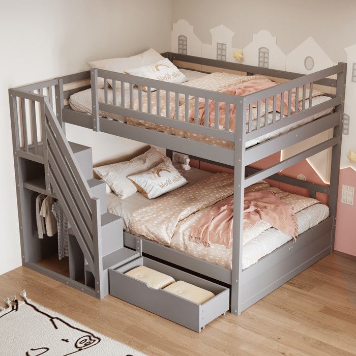 Lit Superposé en Bois Massif 140 × 200 cm avec Tiroirs de Rangement Sommier Adulte avec Sommier à Lattes Lit Double Gris