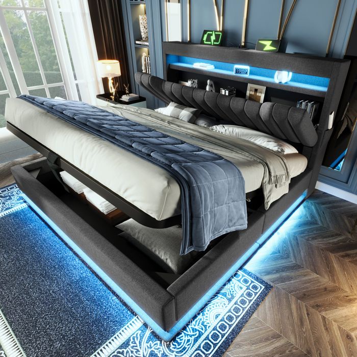 Lit Coffre 180 x 200 cm King Size - Merax - Lit Double en Lin Gris avec LED USB et Tête de Lit de Rangement