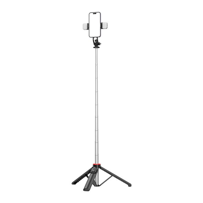 Perche à selfie télescopique avec télécommande + 2 lampes LED trépied pour téléphone 13 m - noir