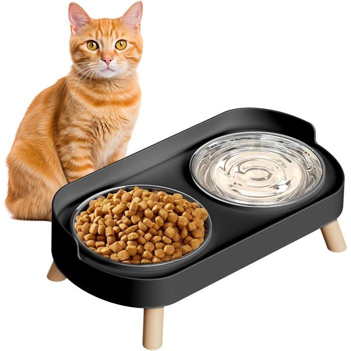 Gamelle surélevée pour chat avec bols en acier inoxydable-design ergonomique pour leau et la nourriture-stable et pratique pour le