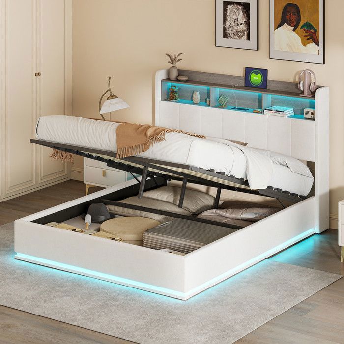 Lit coffre capitonné 140x200 cm tête de lit rangement avec port charge et LED lit double sommier à lattes flanelle Beige