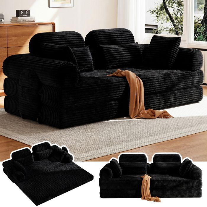 Canapé Convertible 4 PlacesCanapé-Lit Velours côtelé -Appuie-tête et Soutien Lombaire Intégrés Amovibles 2 Coussins Offres Noir