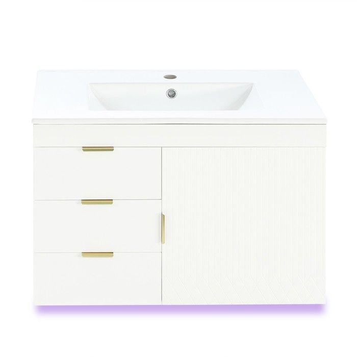 Meuble Vasque Mural Blanc 76x46x51cm MDF LED Pilotable App Fermeture Amortie Vasque Intégrée Sans Robinetterie Meuble Vasque Mural Blanc 76x46x51cm MDF LED Pilotable App Fermeture Amortie Vasque Intégrée Sans Robinetterie