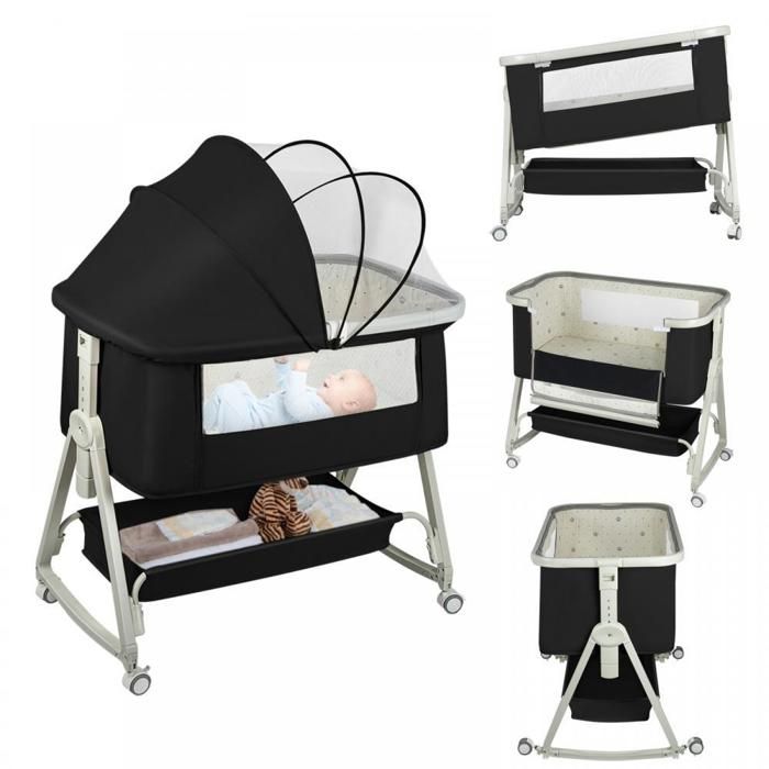 Lit bébé 3 en 1-Cododo transformable en berceau-Avec matelas-Table à langer-Panier de rangement-6 Hauteurs réglables(0-3ans)