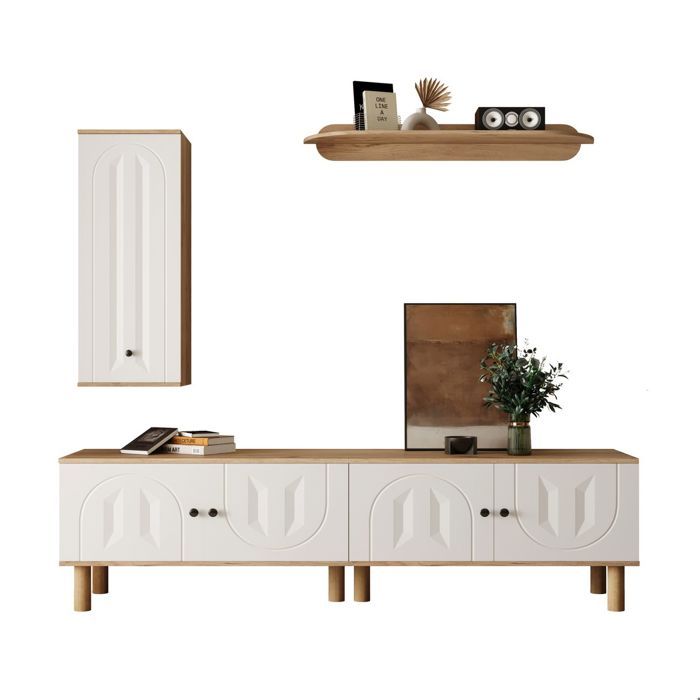 Meuble TV mural - SOGEU - 3 pièces - Blanc et bois naturel - Portes sculptées - Rangements ouverts et fermés