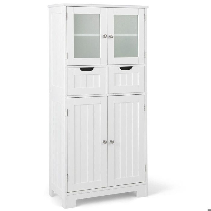 Meuble de salle de bain sur pied 3 niveaux 2 tiroirs portes en verre trempé et étagères réglables