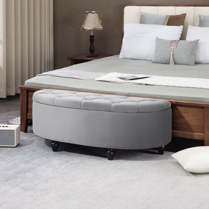 Pouf coffre avec assise et rangement repose-pieds gris en bois d’hévéa effet velours chambre