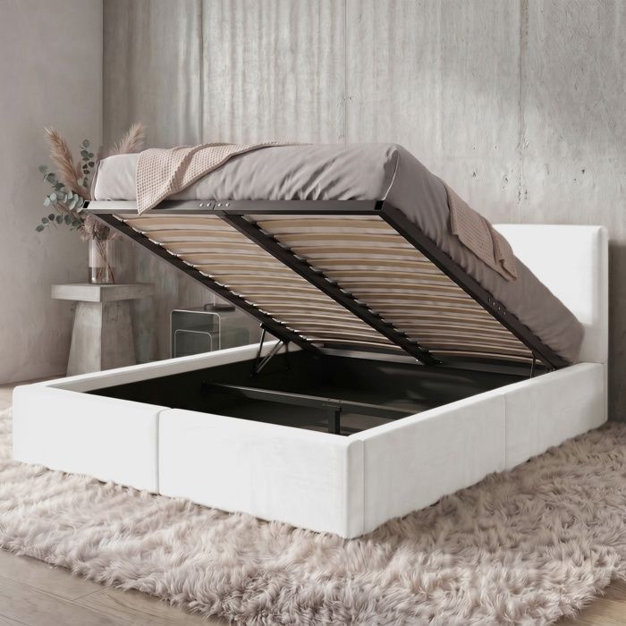 Lit coffre rembourré 160x200 2 places avec sommier relevable gratuit inclus et tête de lit - lit adulte avec rangement – Blanc Lit coffre rembourré 160x200 2 places avec sommier relevable gratuit inclus et tête de lit - lit adulte avec rangement – Blanc