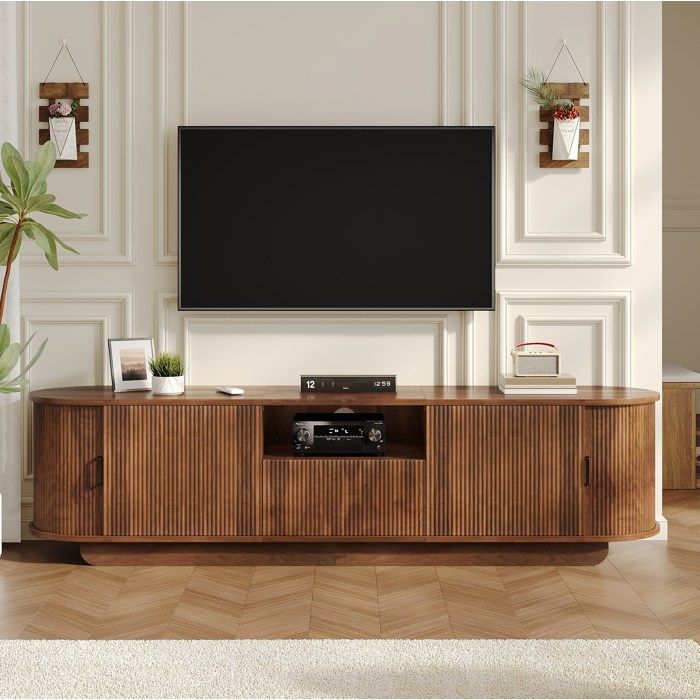 Meuble TV Lowboard AESVAR 180 cm structure 3D portes coulissantes tiroir niche ouverte noyer