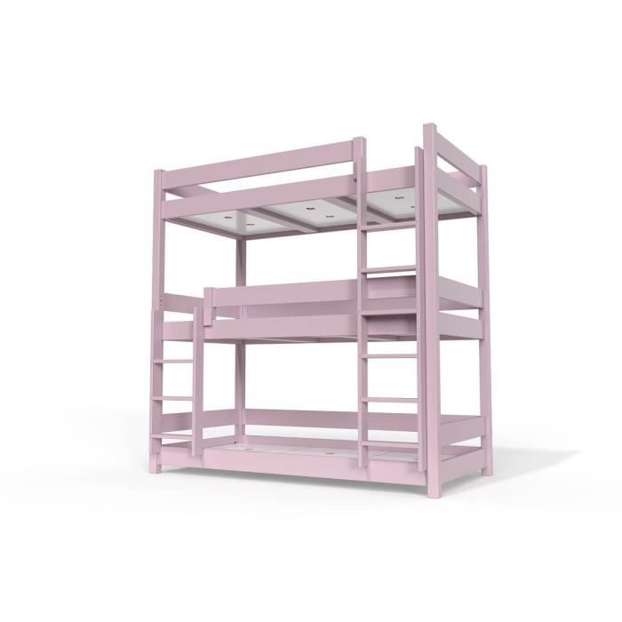 lit superposé abc 3 places en bois massif 90x190 90x190 violet pastel - abc meubles - enfant - a lattes
