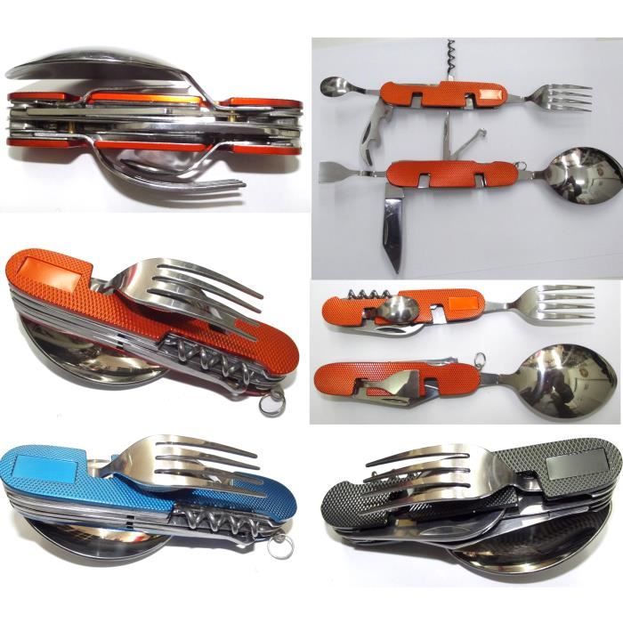 Ustensile Camping Pliable 7 En 1 – Couteau, Fourchette, Cuillère, Tire-bouchon – Idéal Randonnée Et Pique-nique