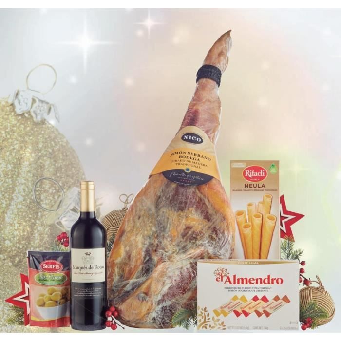 Coffret gourmand de Noël Espagnol avec 1 Jambon serrano, turron, vin 5