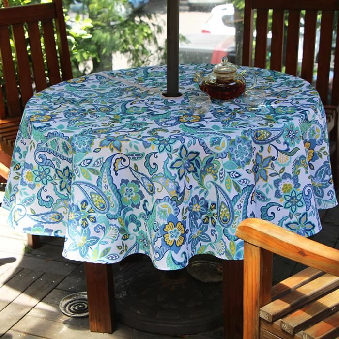 259 × 153 cm,Rayures Bleues Nappe D/'Extérieur avec Fermeture éclair pour La Soirée De Jardin Et Barbecue Nappe avec Trou pour Parasol Nappe De Table étanche