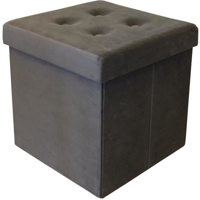 pouf coffre pliable velours - cotton wood - gris - 35 x 35 x 35 cm - base et couvercle en mdf - 25kg