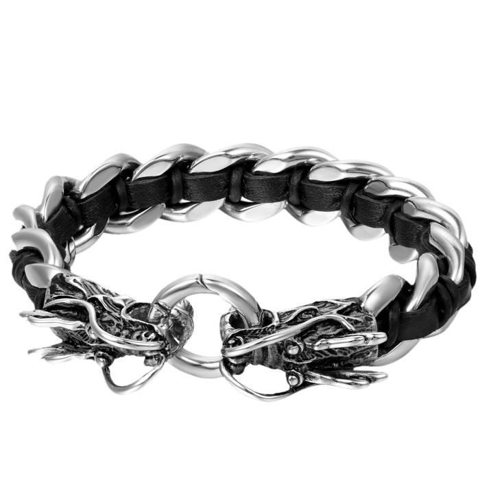 Bracelet dragon pour homme en acier inoxydable et cuir noir 19//21//23 cm