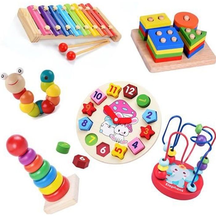 Jouets éducatifs - 6 pièces en bois - Sûrs et durables - Pour enfants de 1 à 3 ans - Cadeaux éducatifs