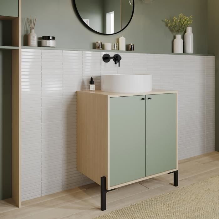 CALICOSY - Meuble sous vasque 2 portes L692 cm - ELISA - Vert et chêne-Vert et chêne