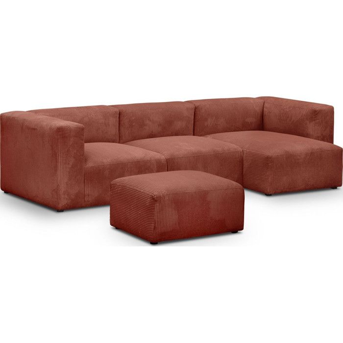 Canapé dangle à droite + méridienne 4 places velours côtelé rouille + pouf - Modulo