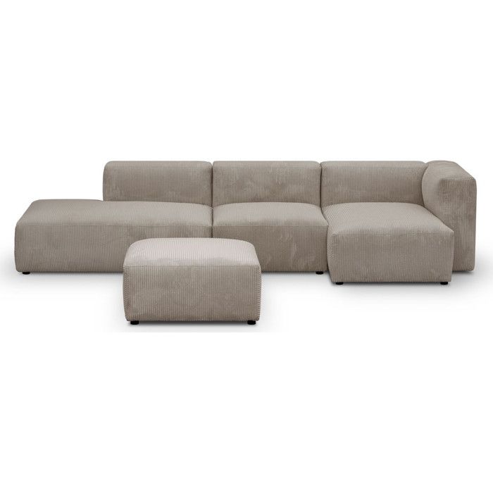 Canapé dangle à droite avec méridienne 5 places velours côtelé taupe + pouf - Modulo
