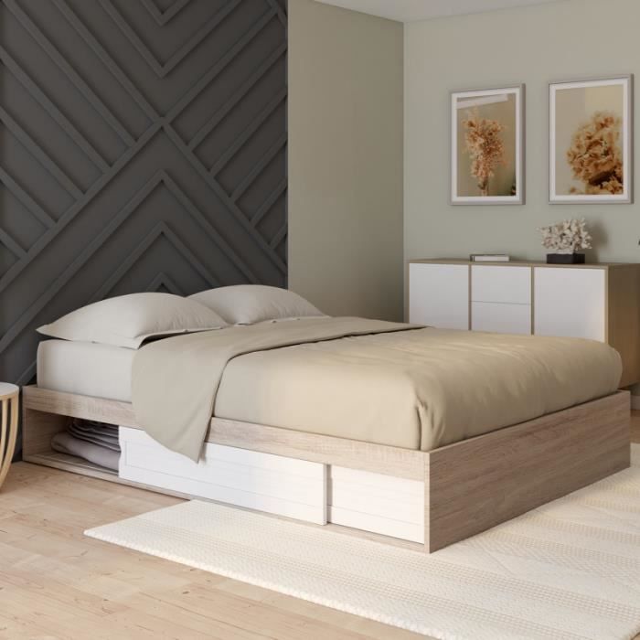 idmarket cadre de lit salem avec rangements et sommier 140 x 190 cm effet bois et blanc