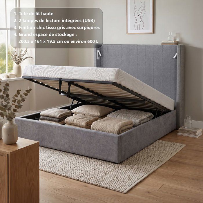 Lit coffre adulte - STAN 3 - 160 x 200 cm - Tissu gris - Tête de lit haute à oreilles - 2 lampes de lecture LED + Ports USB