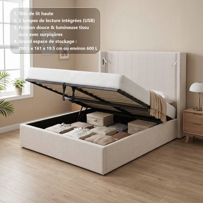 Lit coffre adulte - STAN 3 - 160 x 200 cm - Tissu écru texturé - Tête de lit haute à oreilles - 2 lampes de lecture LED + Ports USB