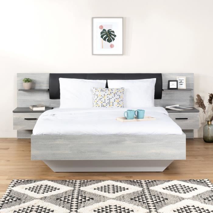 lit adulte 140x190 cm 2 chevets et tete de lit en simili decor chene l 195 7 x p 235 5 x h 90 5 cm leonard achat vente structure de lit lit adulte 140x190 leonard cdiscount