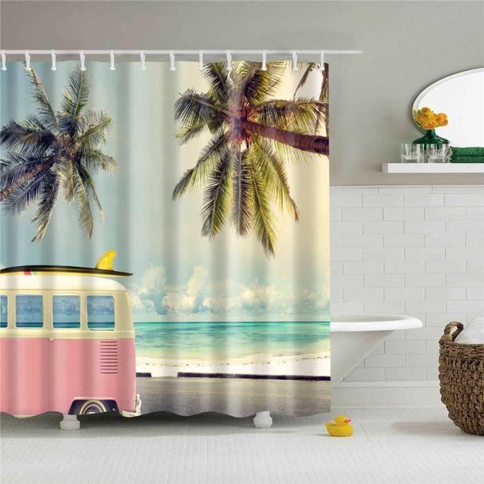 Rideau De Douche 'Islande Palms Solarien' - 175x180 Cm, Polyester, Motif Plage Tropicale