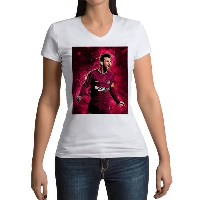 T shirt Femme Col V Leo Messi Barcelone Football Star Celebration
