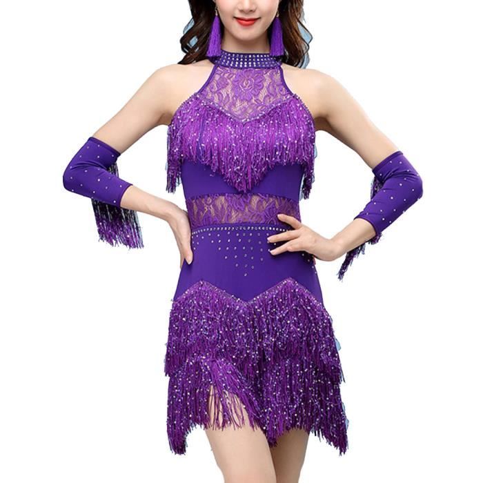Femme Robe de Danse Latine de Salle de Bal Sparkle Salsa Rango Rumba Cha Cha Show Out Robe dos nu a Franges avec Dentelle Violet Violet Cdiscount Pret a Porter
