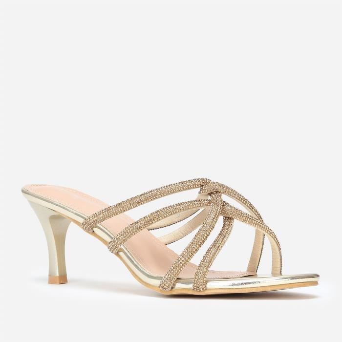 Mules talon dor es pour femme Brides strass entrelac es