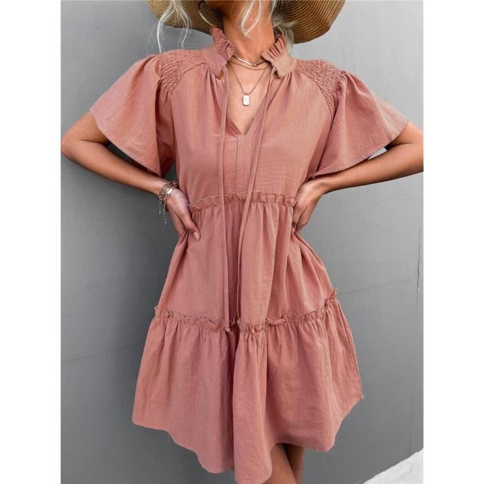 Robe Femme Couleur Unie Col V Volants Jolie Rose KJEHOME HAIKEYI