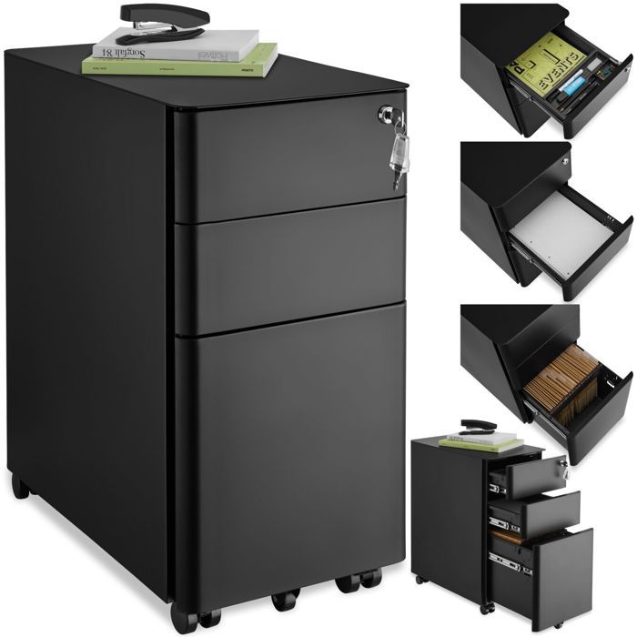 Desserte de bureau - TECTAKE - Caisson à roulettes PARVUS 2 tiroirs et 1 casier verrouillable acier laqué 30 x 50 x 595 cm - Noir