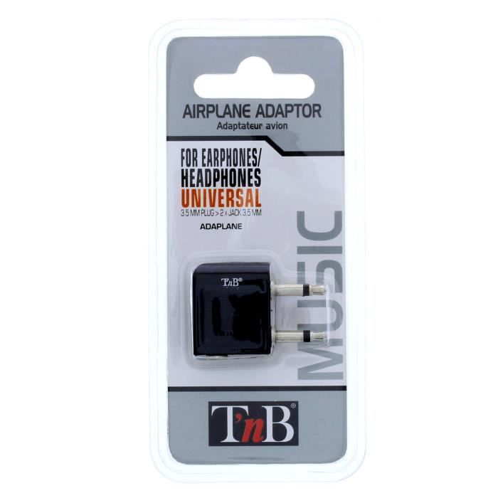 T'nB Adaptateur Audio pour Avion - Casques et Ecouteurs Stéréo - 2x Jack Mono - Noir