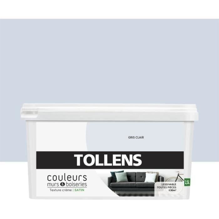 Peinture Couleurs - Gris Clair - Satin -TOLLENS - Murs et Boiseries - Toutes pièces - Ultra résistante - 2,5L = 30m2