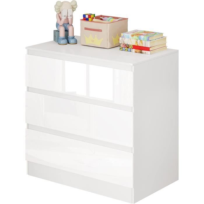 woltu commode à 3 tiroirs, meuble rangement, armoire chambre, en panneaux de particules, 80x48x78cm blanc brillant