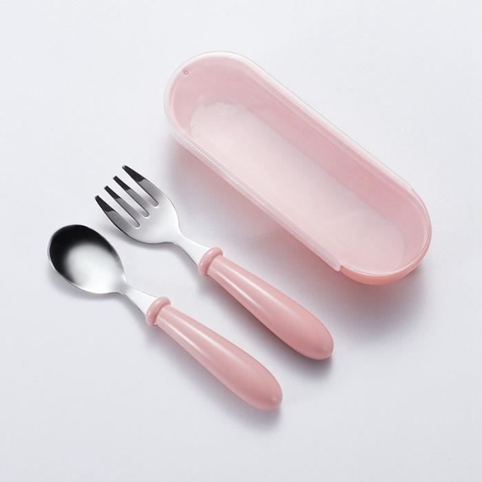 Set Couverts Bébé SOOJET Inox - Cuillère Et Fourchette Apprentissage Autonome, étui Rangement Rose