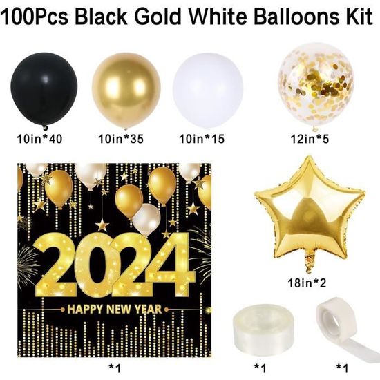 Kit Arche Ballon Nouvel An 2024, 100Pcs Guirlande De Ballon Noir Or Blanc  Avec Bonne Année Bannière, Confetti Ballon Doré Et[J4019] - Cdiscount Maison