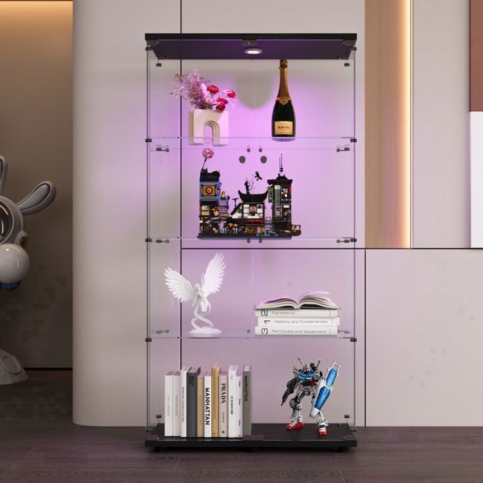 Vitrine En Verre Noire Avec LED - Design Pop-up, 4 Portes, Dimensions 40x160x160 Cm, Idéale Pour Collection, Bibliothèque, Décoration