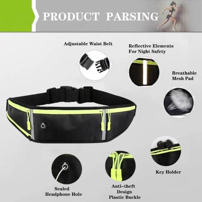 Ceinture Running Enkifun Ajustable Avec Bande Réfléchissante - Sac Banane Sport Étanché Pour Hommes Et Femmes, Noir